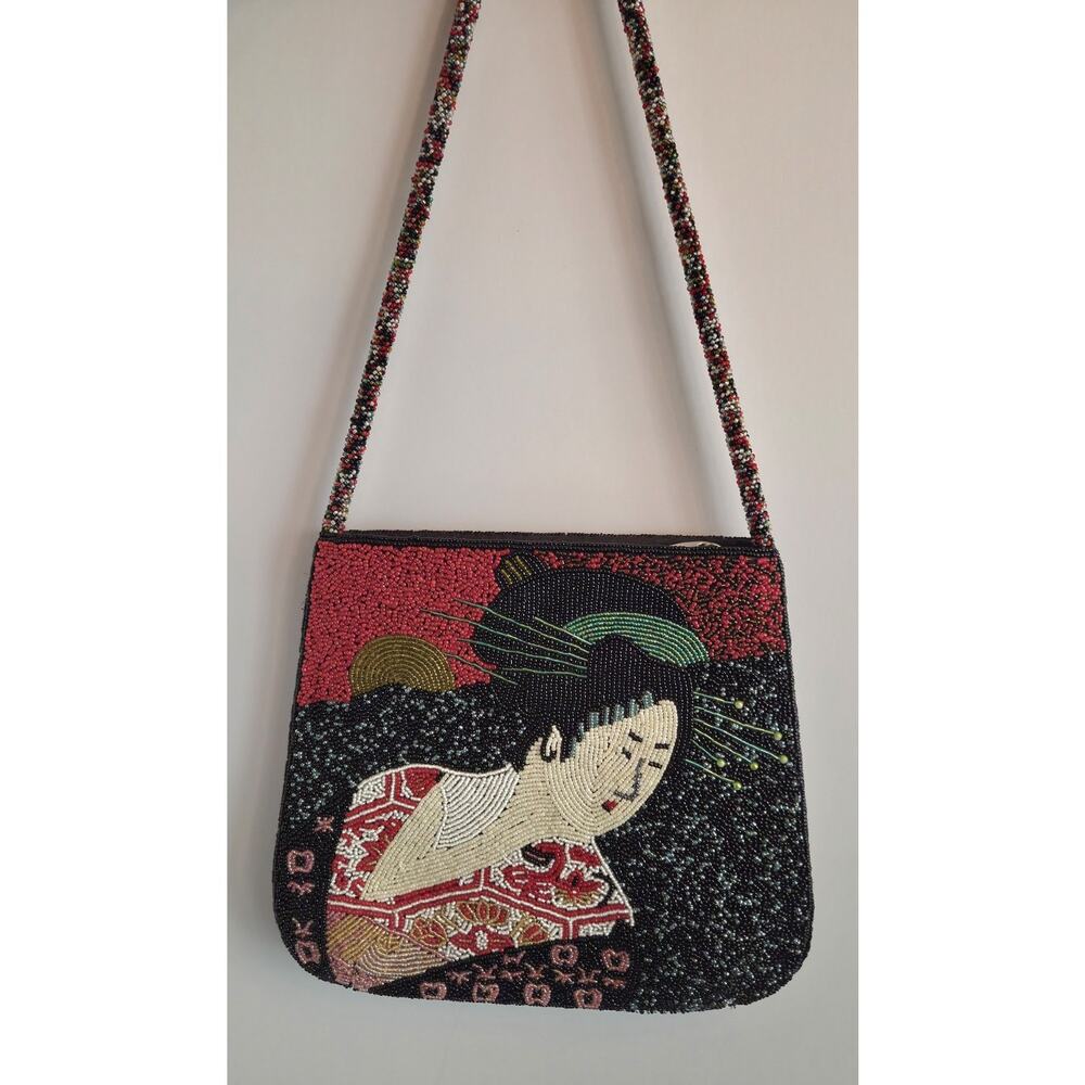 Chico’s Japanese Geisha Beaded Zippered Handbag Purse In EUC
